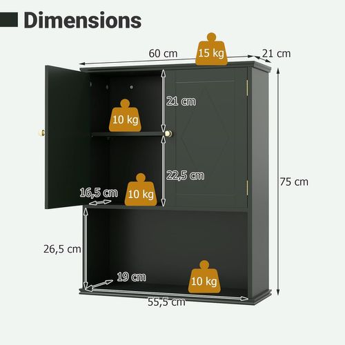 Armoire Murale Salle De Bain, Meuble Wc Suspendu Avec 2 Portes, 21 X 60 X 75 Cm (vert)