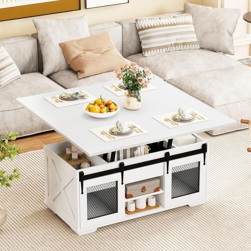 Table Basse Relevable, Table De Salon Extensible 3 En 1, 2 Portes Coulissantes Grange(blanc)