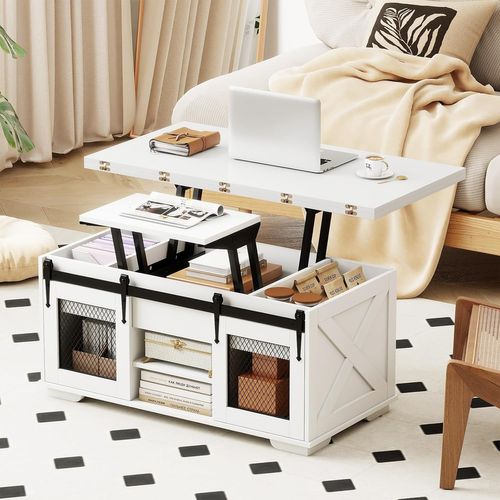 Table Basse Relevable, Table De Salon Extensible 3 En 1, 2 Portes Coulissantes Grange(blanc)
