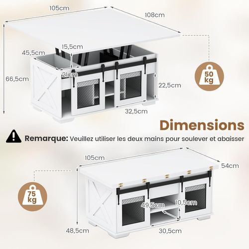 Table Basse Relevable, Table De Salon Extensible 3 En 1, 2 Portes Coulissantes Grange(blanc)
