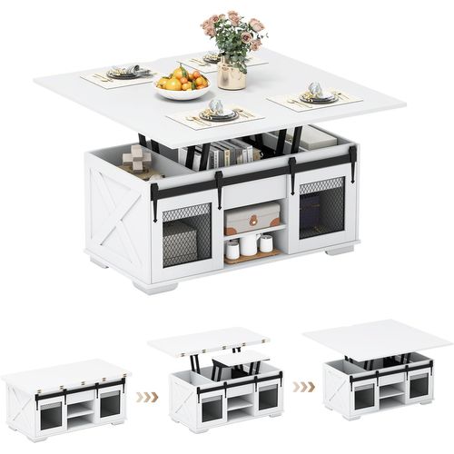 Table Basse Relevable, Table De Salon Extensible 3 En 1, 2 Portes Coulissantes Grange(blanc)