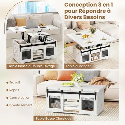 Table Basse Relevable, Table De Salon Extensible 3 En 1, 2 Portes Coulissantes Grange(blanc)