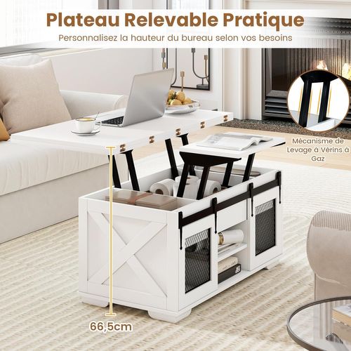 Table Basse Relevable, Table De Salon Extensible 3 En 1, 2 Portes Coulissantes Grange(blanc)