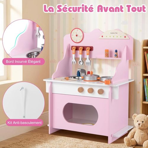 Cuisine Enfant En Bois Avec 11 Accessoires Et Horloge, Jeu De Cuisine Avec Évier (rose)