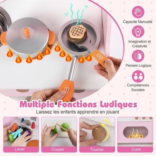 Cuisine Enfant En Bois Avec 11 Accessoires Et Horloge, Jeu De Cuisine Avec Évier (rose)
