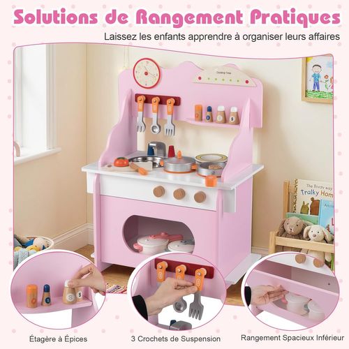 Cuisine Enfant En Bois Avec 11 Accessoires Et Horloge, Jeu De Cuisine Avec Évier (rose)