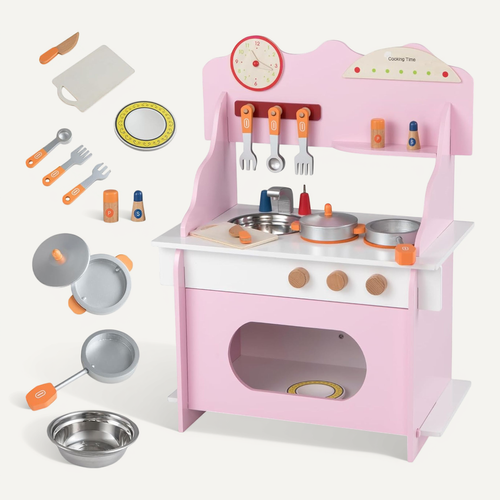 Cuisine Enfant En Bois Avec 11 Accessoires Et Horloge, Jeu De Cuisine Avec Évier (rose)