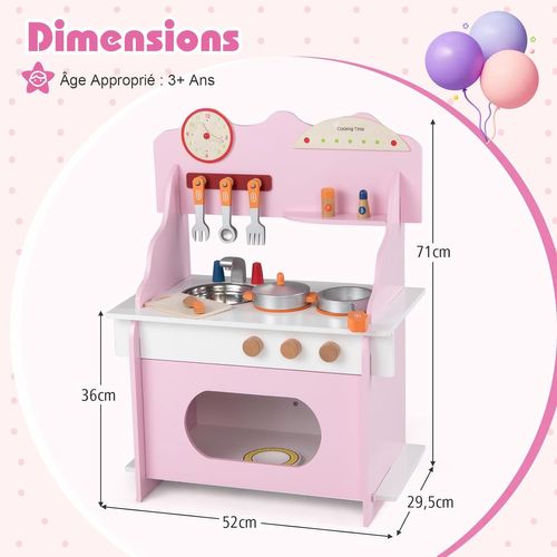Cuisine Enfant En Bois Avec 11 Accessoires Et Horloge, Jeu De Cuisine Avec Évier (rose)