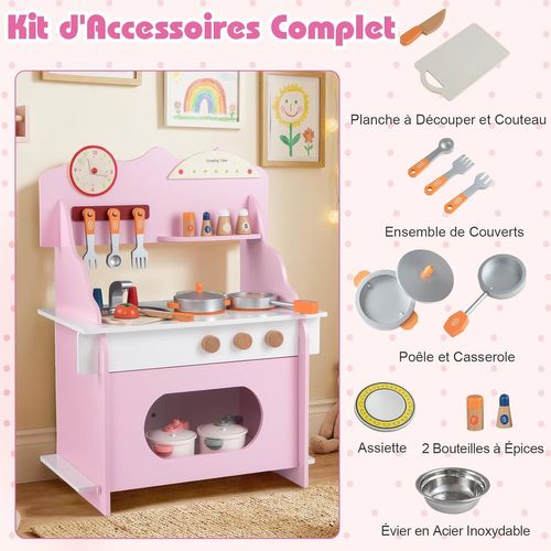 Cuisine Enfant En Bois Avec 11 Accessoires Et Horloge, Jeu De Cuisine Avec Évier (rose)