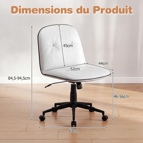 Chaise De Bureau Sans Accoudoirs, Fauteuil De Bureau Pivotante, Hauteur Réglable(blanc)