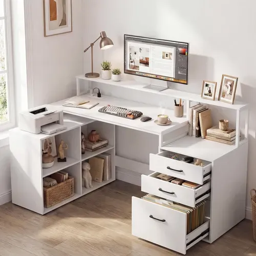 Bureau En L Avec Station De Recharge Intégrée, Bureau D'angle Avec Tiroir De Classement