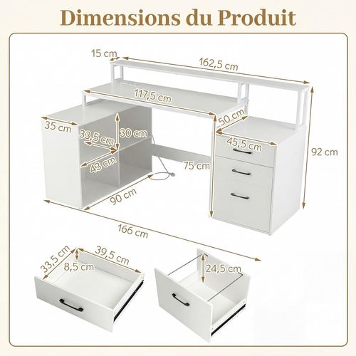 Bureau En L Avec Station De Recharge Intégrée, Bureau D'angle Avec Tiroir De Classement