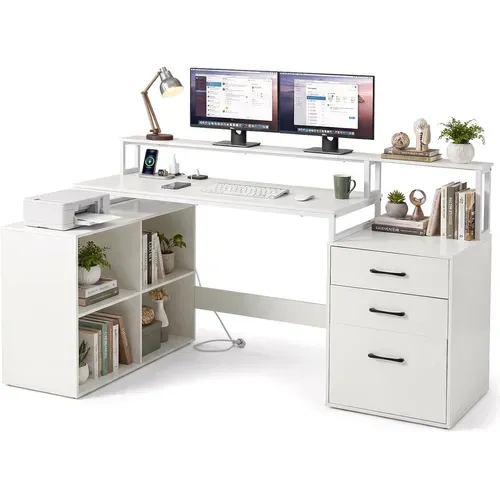 Bureau En L Avec Station De Recharge Intégrée, Bureau D'angle Avec Tiroir De Classement