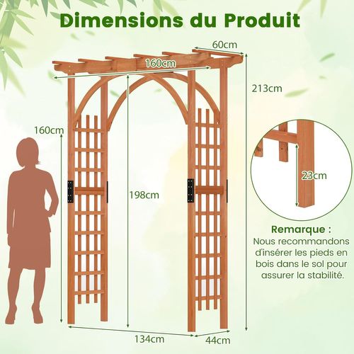 Arche De Jardin En Bois Pour Plantes Grimpantes, Arceau à Rosiers En Treillis 160x60x217cm (naturel)