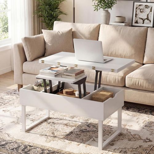 Table Basse Relevable, Table Convertible Extensible 3 En 1, 3 Compartiments Cachés (blanc)