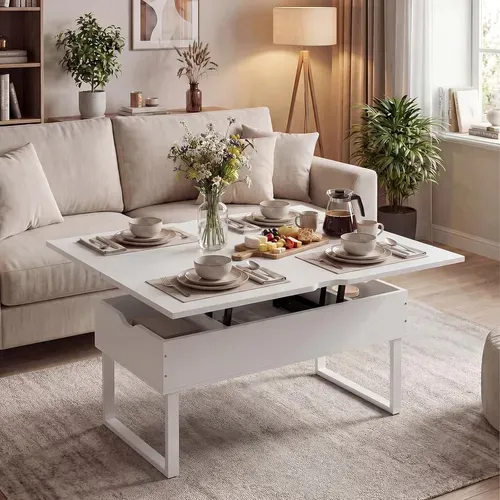 Table Basse Relevable, Table Convertible Extensible 3 En 1, 3 Compartiments Cachés (blanc)