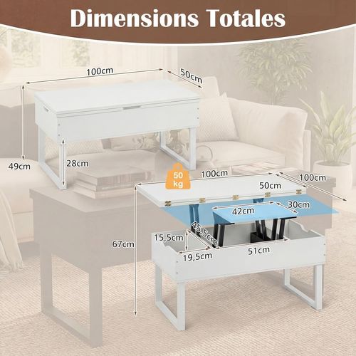 Table Basse Relevable, Table Convertible Extensible 3 En 1, 3 Compartiments Cachés (blanc)