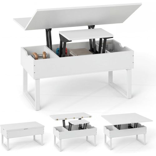 Table Basse Relevable, Table Convertible Extensible 3 En 1, 3 Compartiments Cachés (blanc)