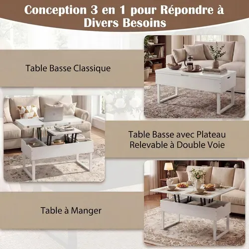 Table Basse Relevable, Table Convertible Extensible 3 En 1, 3 Compartiments Cachés (blanc)