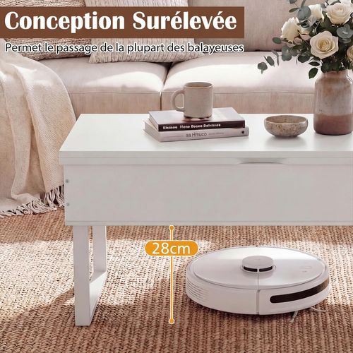 Table Basse Relevable, Table Convertible Extensible 3 En 1, 3 Compartiments Cachés (blanc)