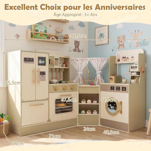 Cuisine D'angle Enfants Avec Réfrigérateur Latéral, Cuisinière De Jeu En Bois De 3 Ans