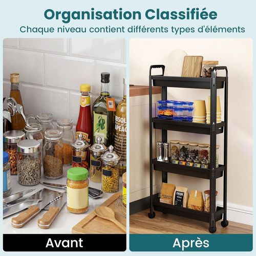 Chariot De Rangement à Roulettes, Desserte Salle De Bain Détachable Avec Poignées (4 Niveaux,noir)
