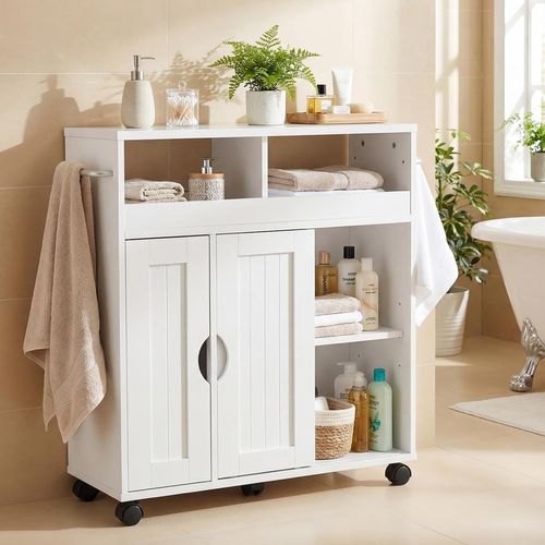 Meuble Salle De Bain Sur Roulettes, Porte Coulissant, Meuble Wc Avec Compartiments Ouverts, Blanc