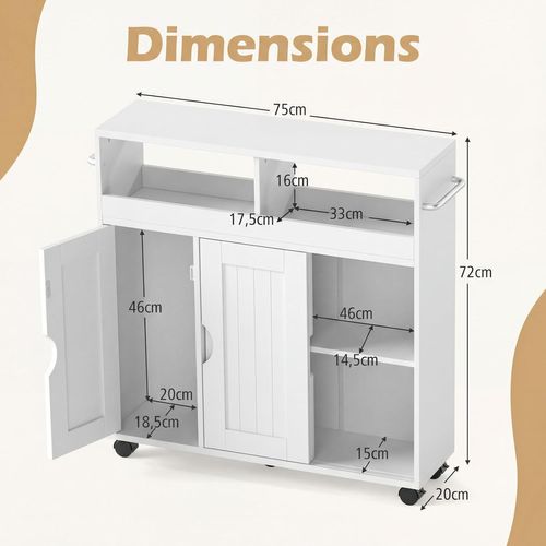 Meuble Salle De Bain Sur Roulettes, Porte Coulissant, Meuble Wc Avec Compartiments Ouverts, Blanc