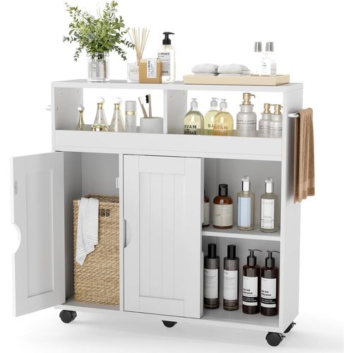 Meuble Salle De Bain Sur Roulettes, Porte Coulissant, Meuble Wc Avec Compartiments Ouverts, Blanc