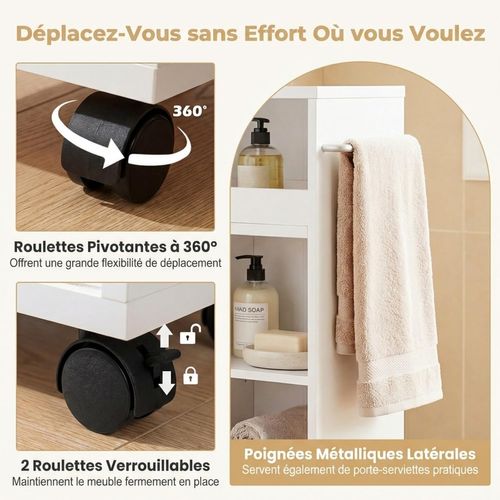 Meuble Salle De Bain Sur Roulettes, Porte Coulissant, Meuble Wc Avec Compartiments Ouverts, Blanc