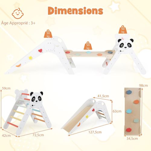 Triangle D’escalade Montessori Enfant Pliable Sur Thème Panda Avec Rampe Et Échelle (blanc)