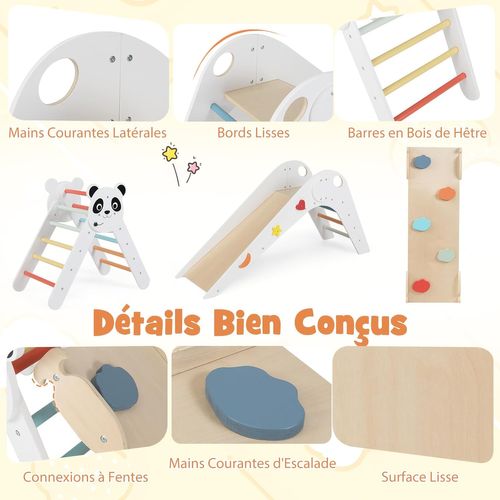 Triangle D’escalade Montessori Enfant Pliable Sur Thème Panda Avec Rampe Et Échelle (blanc)