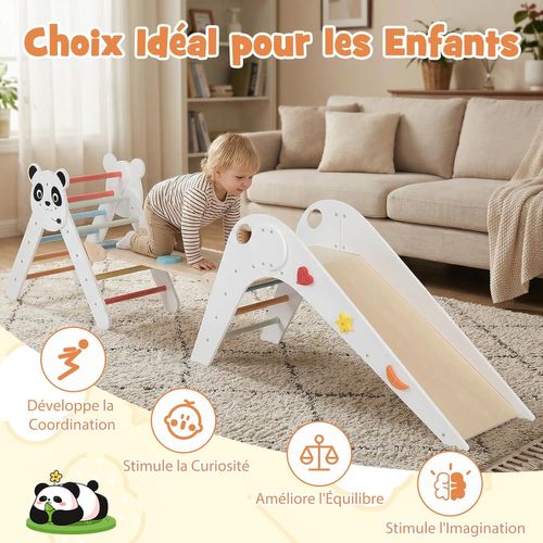 Triangle D’escalade Montessori Enfant Pliable Sur Thème Panda Avec Rampe Et Échelle (blanc)