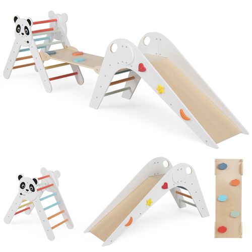Triangle D’escalade Montessori Enfant Pliable Sur Thème Panda Avec Rampe Et Échelle (blanc)