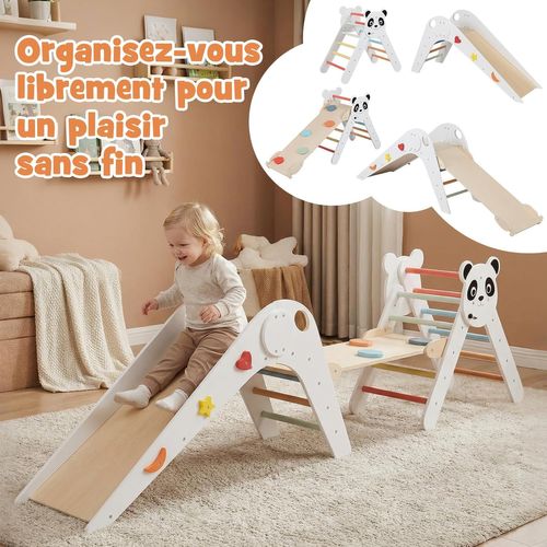 Triangle D’escalade Montessori Enfant Pliable Sur Thème Panda Avec Rampe Et Échelle (blanc)