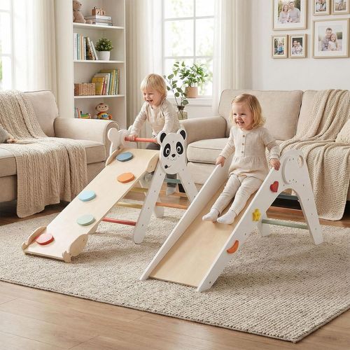Triangle D’escalade Montessori Enfant Pliable Sur Thème Panda Avec Rampe Et Échelle (blanc)