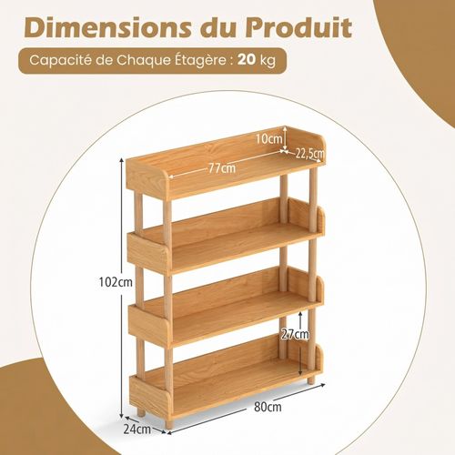 Etagère à 4 Niveaux, Etagère Rangement Sur Pied En Bois De Pin (80 X 24 X 102 Cm)