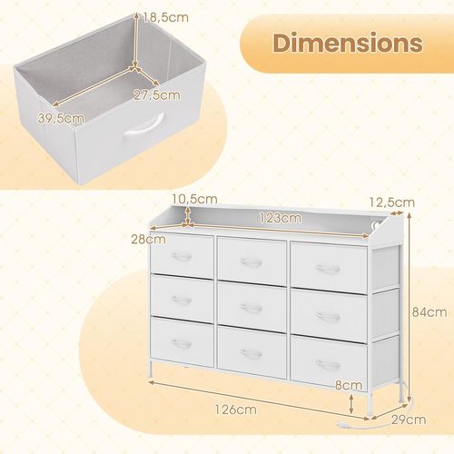 Commode Chambre 9 Tiroirs Avec éclairage LED, Meuble De Rangement, Multiprise, Blanc