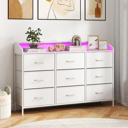 Commode Chambre 9 Tiroirs Avec éclairage LED, Meuble De Rangement, Multiprise, Blanc
