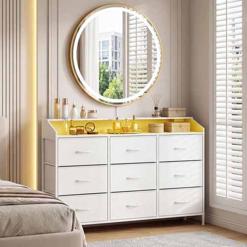 Commode Chambre 9 Tiroirs Avec éclairage LED, Meuble De Rangement, Multiprise, Blanc
