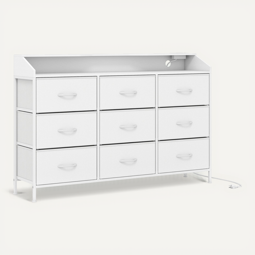 Commode Chambre 9 Tiroirs Avec éclairage LED, Meuble De Rangement, Multiprise, Blanc