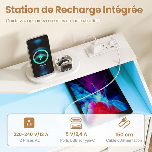 Commode Chambre 9 Tiroirs Avec éclairage LED, Meuble De Rangement, Multiprise, Blanc