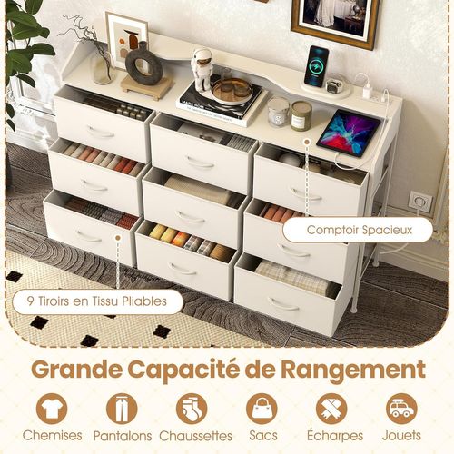 Commode Chambre 9 Tiroirs Avec éclairage LED, Meuble De Rangement, Multiprise, Blanc