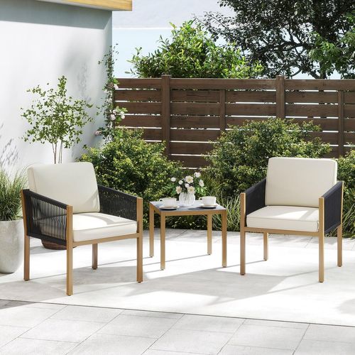 Salon De Jardin 3 Pièces, Ensemble De 2 Fauteuils D'extérieur En Corde Tressée Avec Coussins, Beige