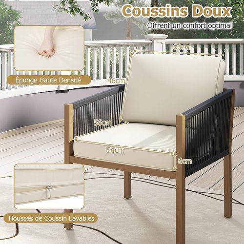 Salon De Jardin 3 Pièces, Ensemble De 2 Fauteuils D'extérieur En Corde Tressée Avec Coussins, Beige