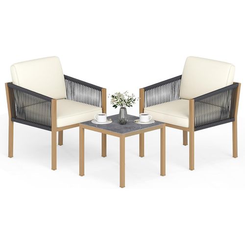 Salon De Jardin 3 Pièces, Ensemble De 2 Fauteuils D'extérieur En Corde Tressée Avec Coussins, Beige