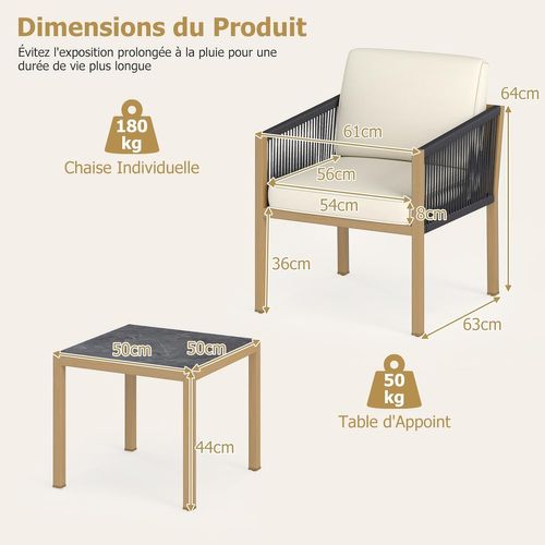 Salon De Jardin 3 Pièces, Ensemble De 2 Fauteuils D'extérieur En Corde Tressée Avec Coussins, Beige