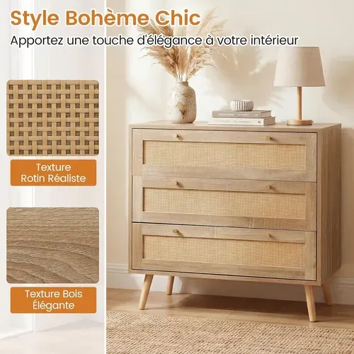Commode Chambre Bois 3 Tiroirs, Commode Chambre Scandinave Bohème, Pieds En Bois De Pin, Naturel