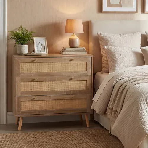 Commode Chambre Bois 3 Tiroirs, Commode Chambre Scandinave Bohème, Pieds En Bois De Pin, Naturel