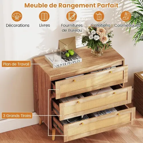 Commode Chambre Bois 3 Tiroirs, Commode Chambre Scandinave Bohème, Pieds En Bois De Pin, Naturel